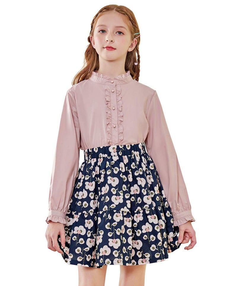 SOLOCOTE Girls Blouse Ruffle Long Sleeve Button Down Shirts Princess Cotton Loose Soft Tops Spring and Summer, 190903, Pink, 13-14Y - Image 1